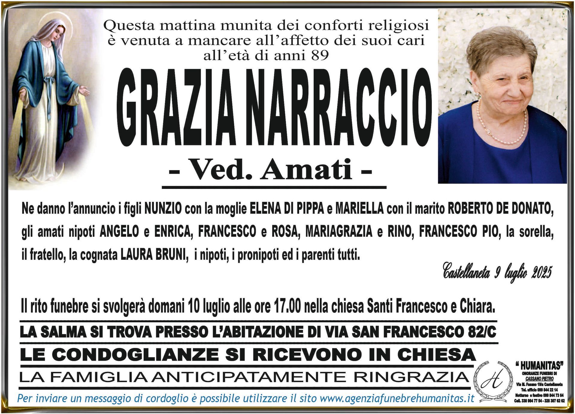 necrologio Grazia Narraccio