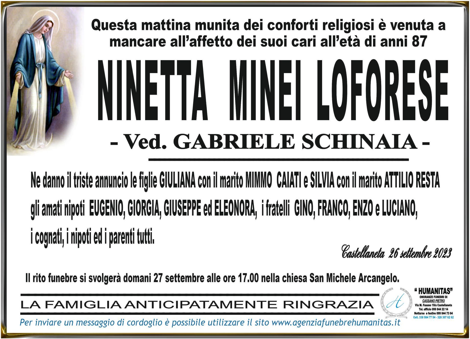 necrologio Ninetta Minei Loforese