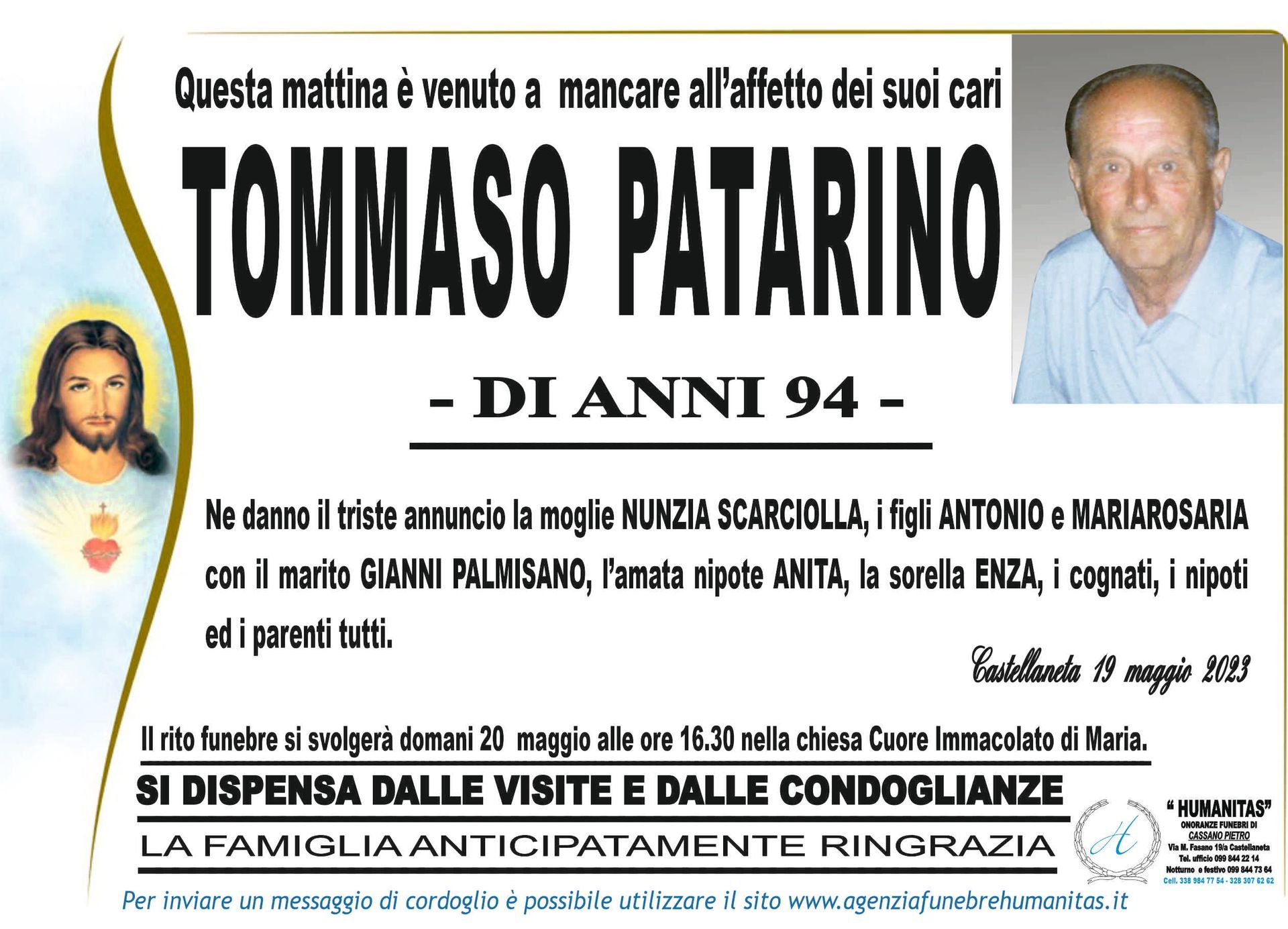 necrologio Tommaso Patarino