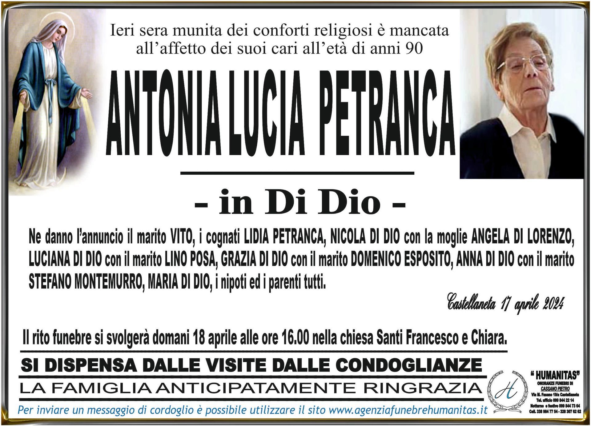 necrologio Antonia Lucia Petranca