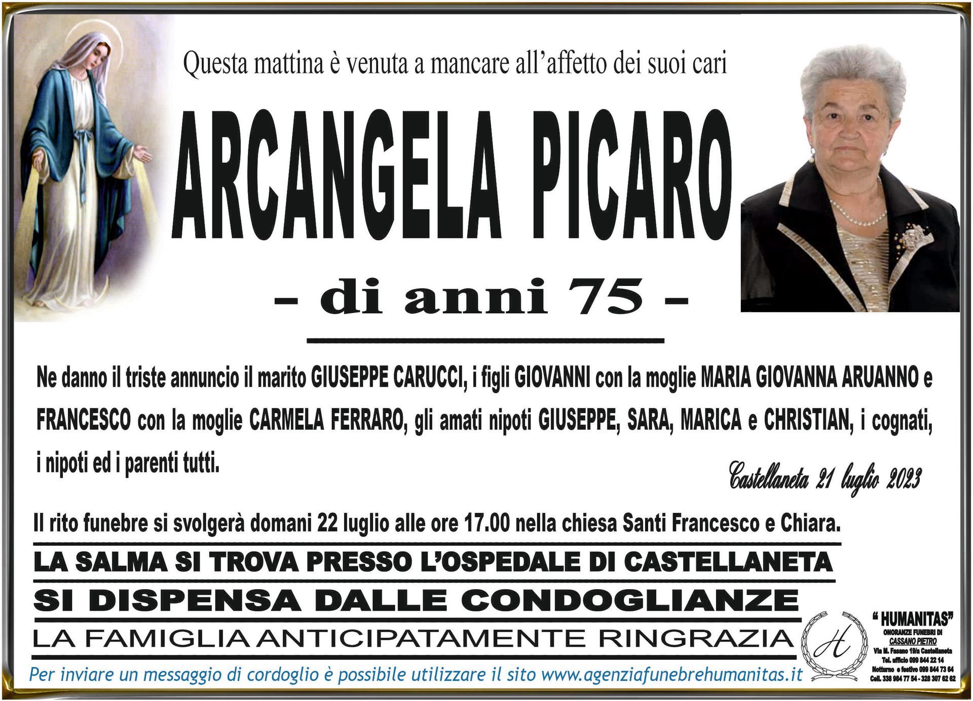 necrologio Arcangela Picaro