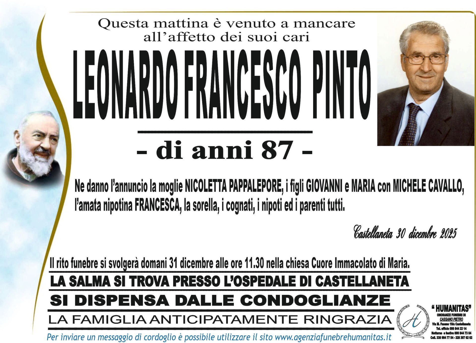 necrologio Pinto Leonardo Francesco