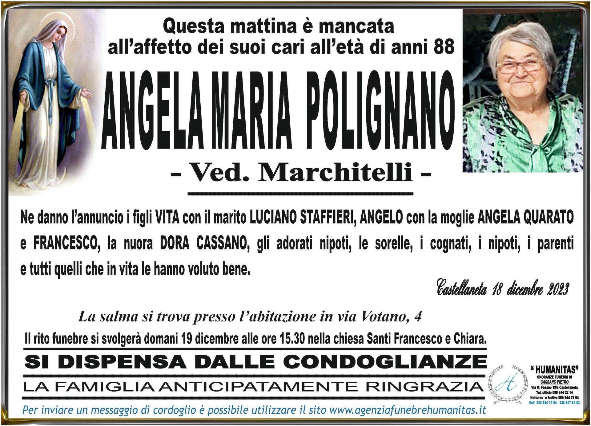 necrologio Angela Maria Polignano