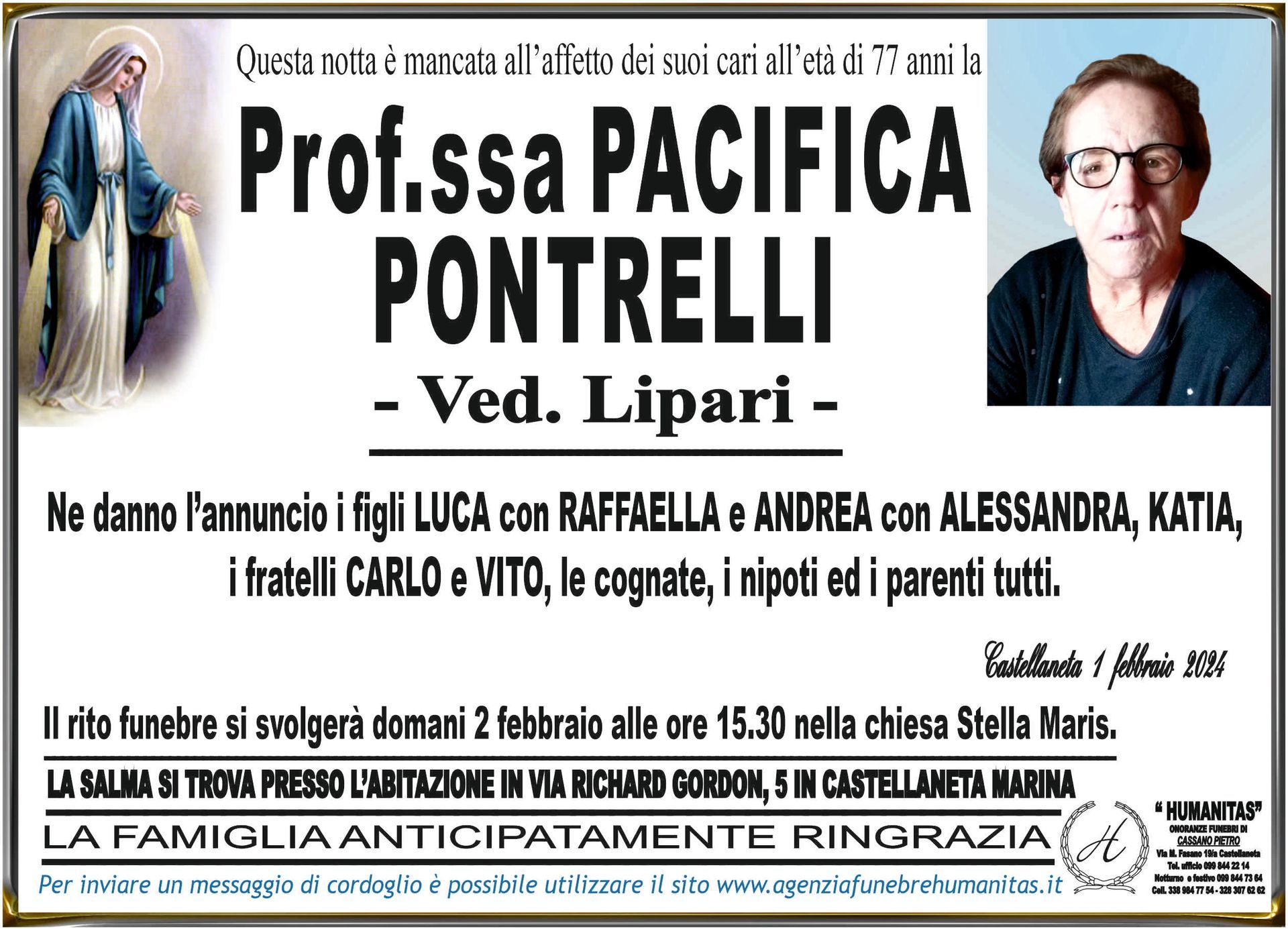 necrologio Prof. Pacifica Pontrelli