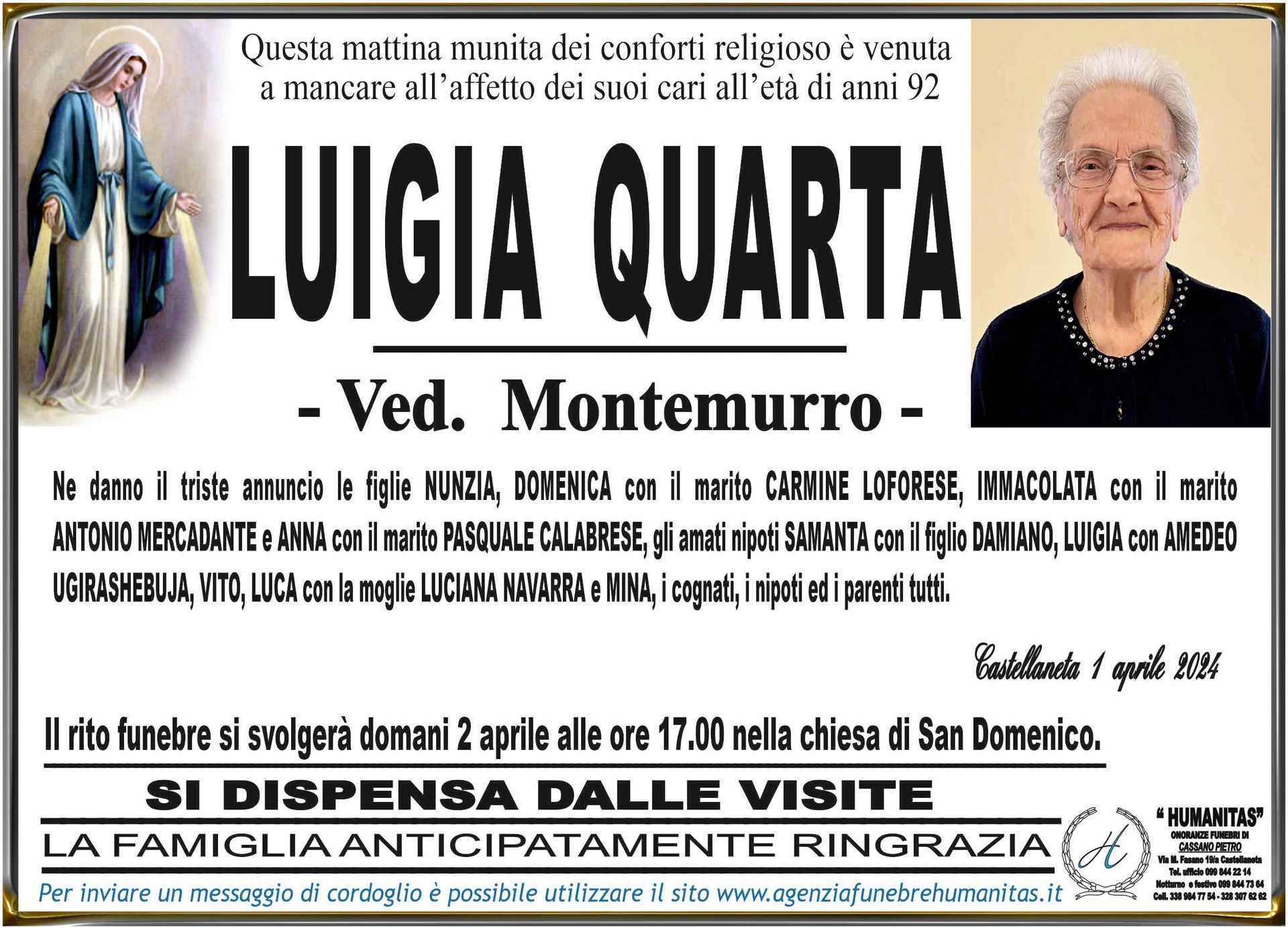necrologio Luigia Quarta
