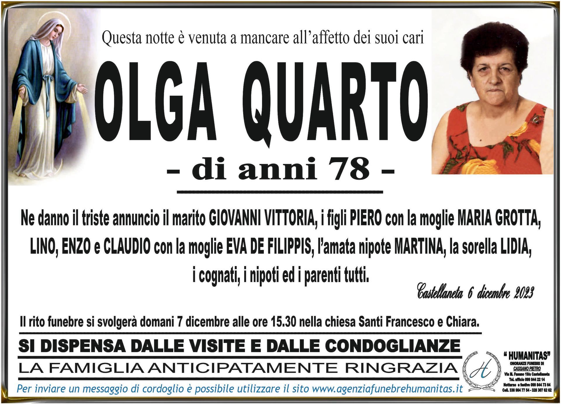 necrologio Olga Quarto
