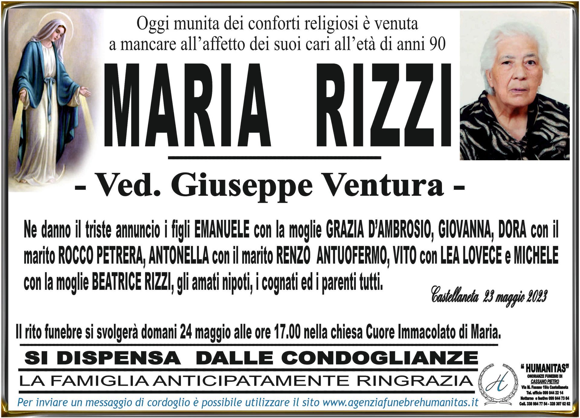 necrologio Maria Rizzi