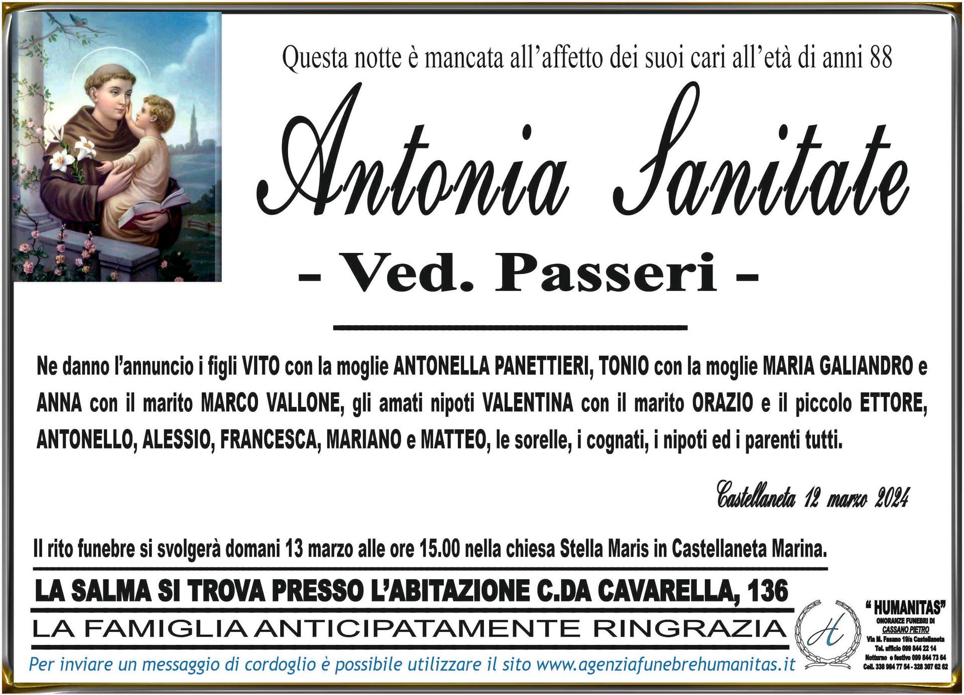 necrologio Antonia Sanitate