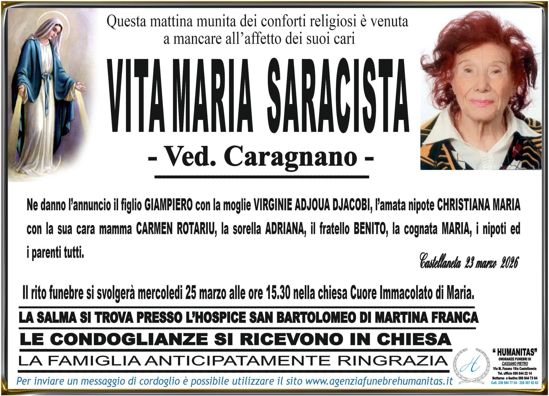 necrologio Vita Maria Saracista