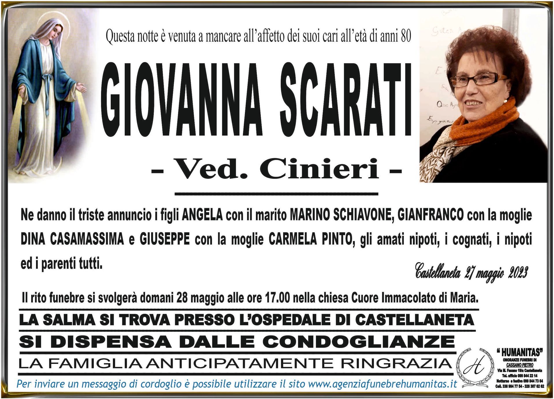necrologio Giovanna Scarati