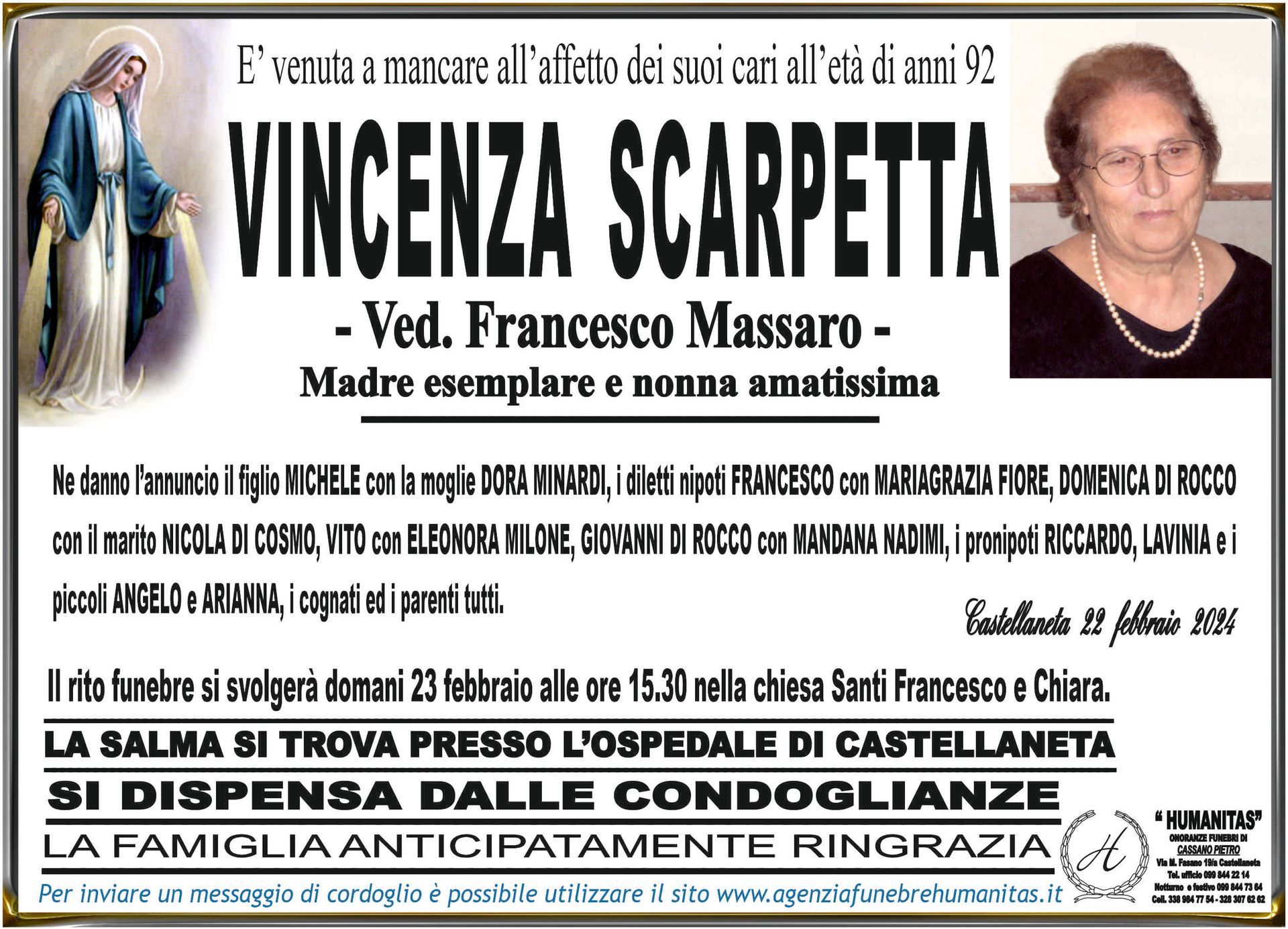 necrologio Vincenza Scarpetta
