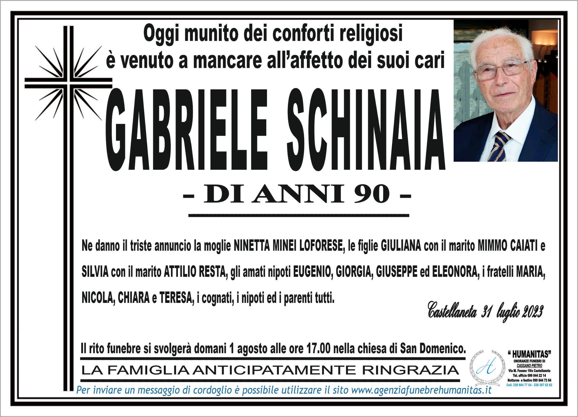 necrologio Gabriele Schinaia