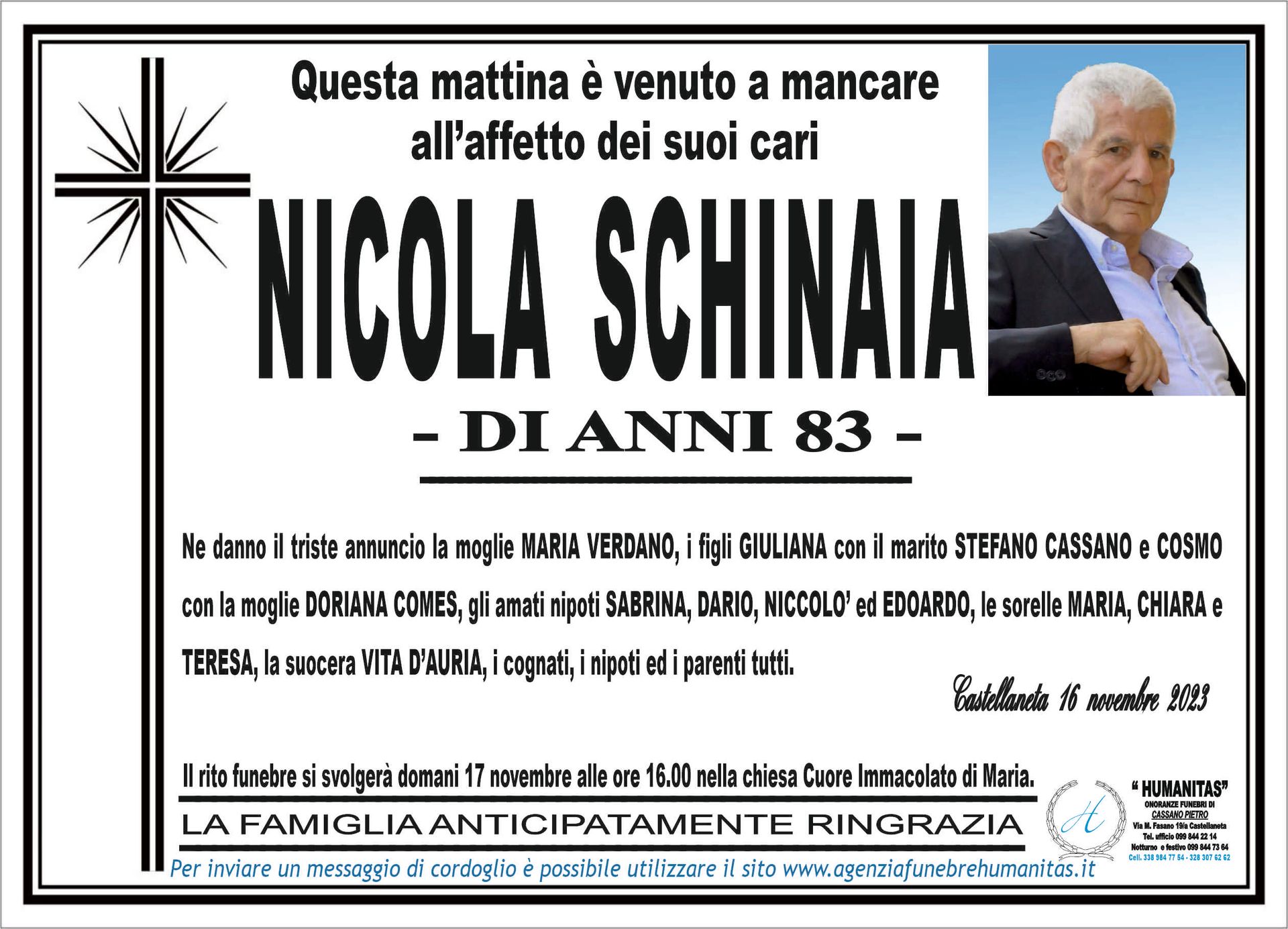 necrologio Nicola Schinaia