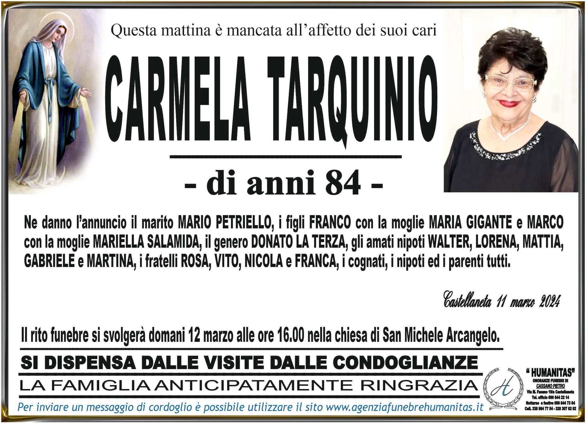 necrologio Carmela Tarquinio
