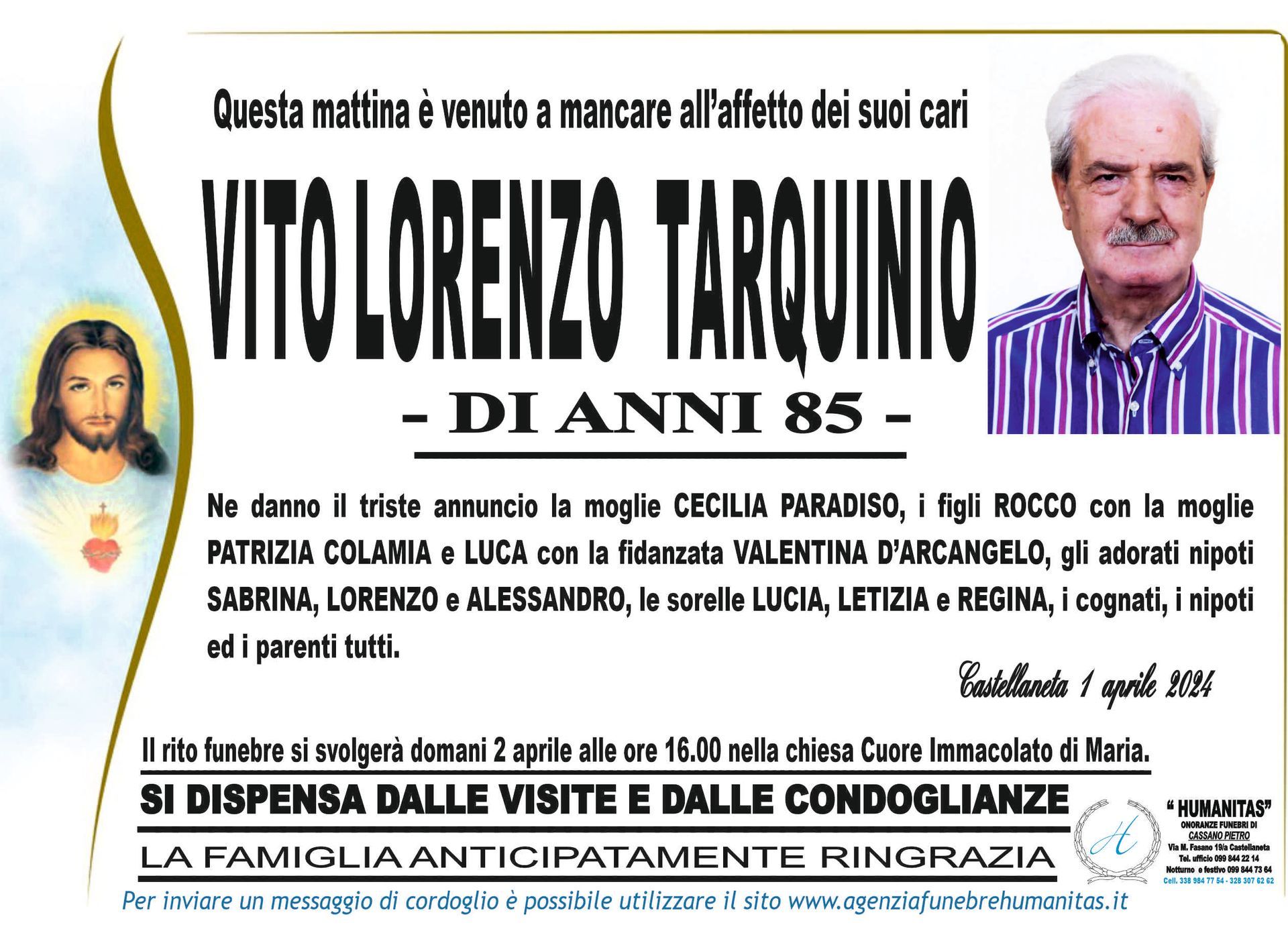 necrologio Vito Lorenzo Tarquinio