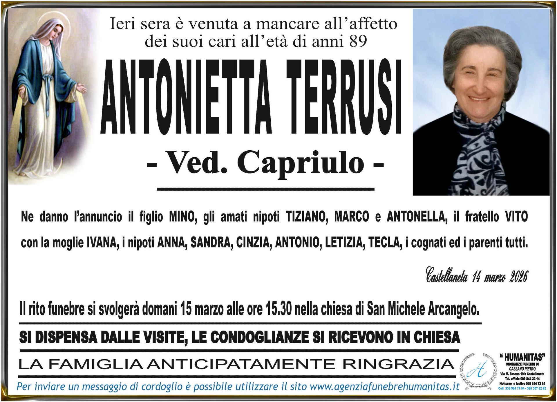 necrologio Antonietta Terrusi