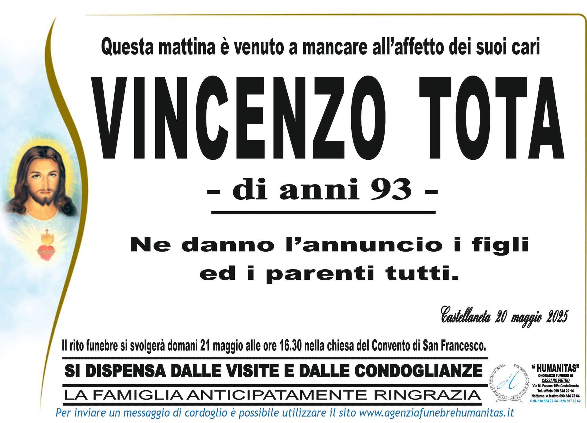 necrologio Vincenzo Tota