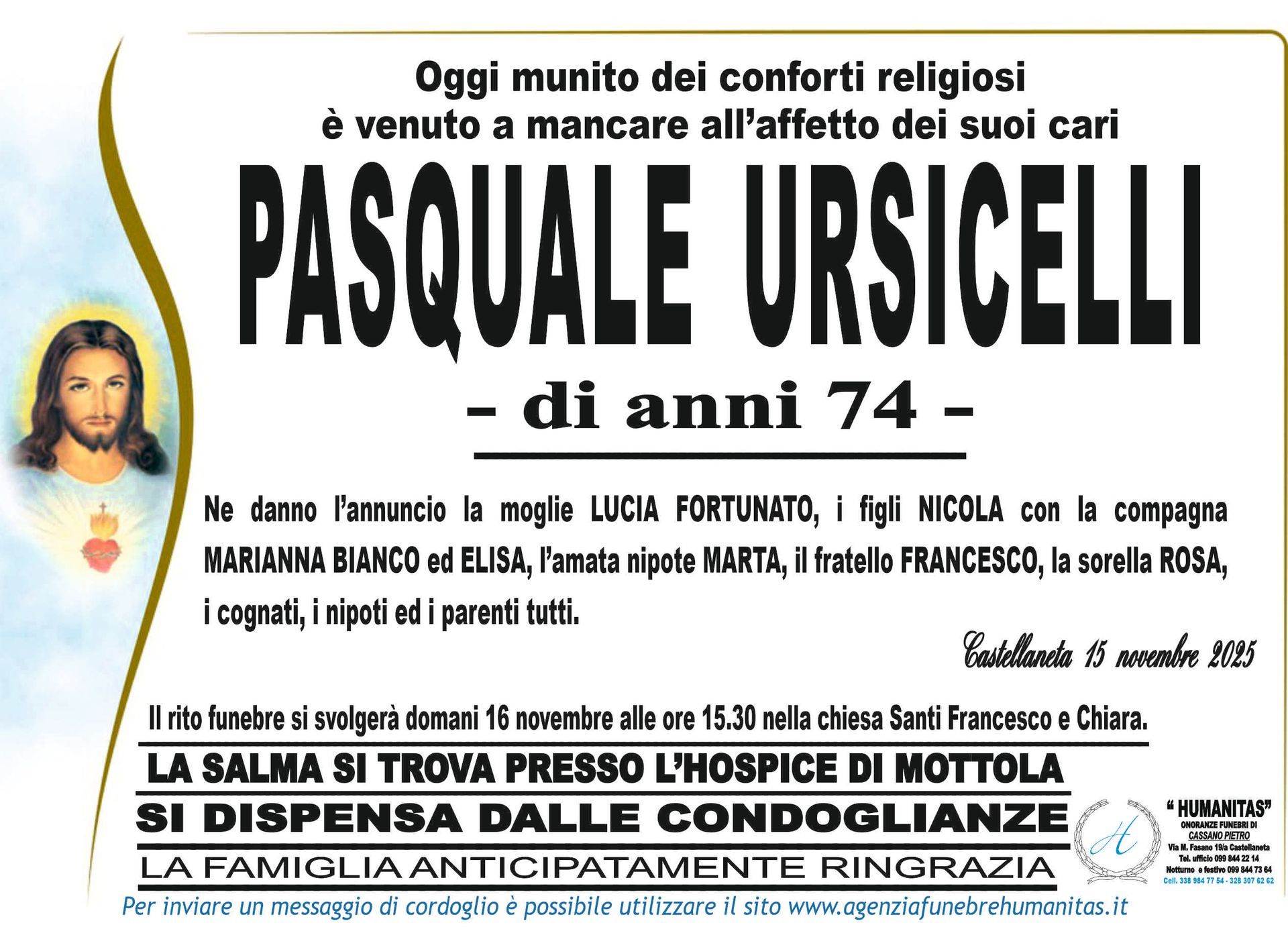 necrologio Pasquale Ursicelli