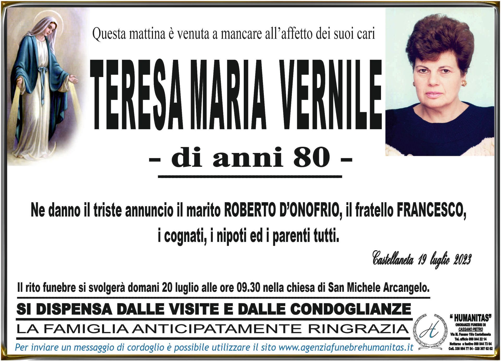 necrologio Teresa Maria Vernile