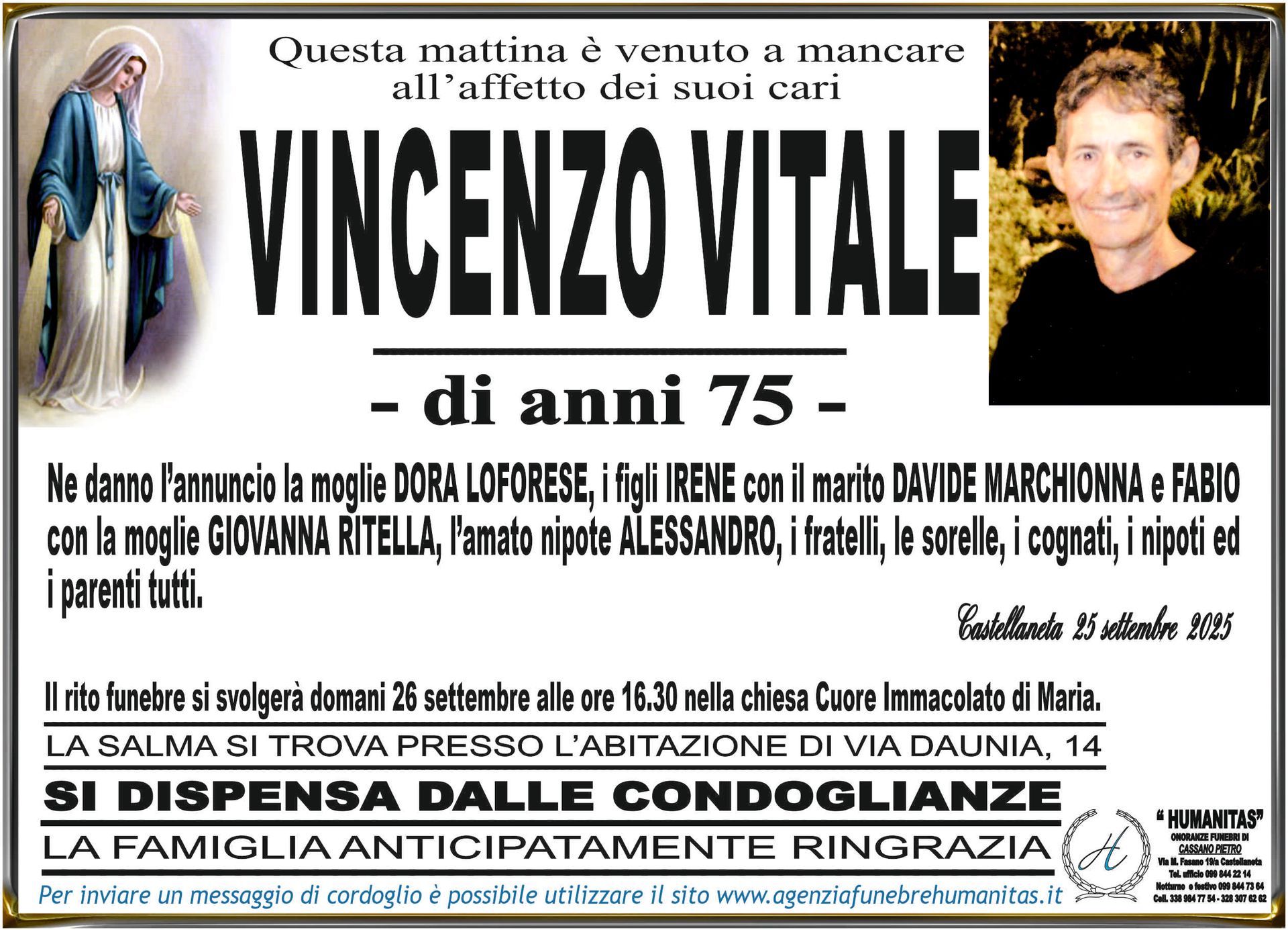 necrologio Vincenzo Vitale