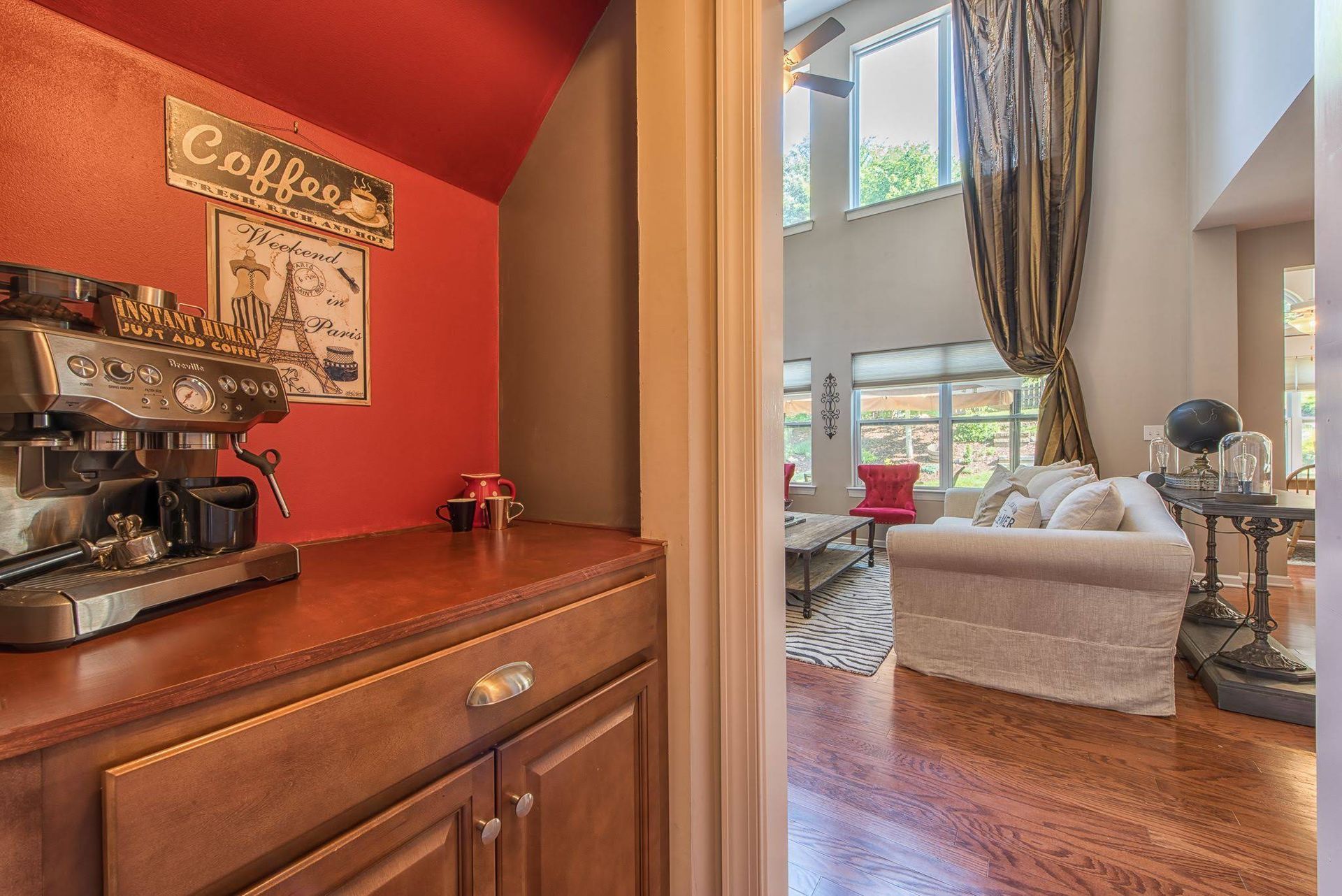 organized coffee bar and family room