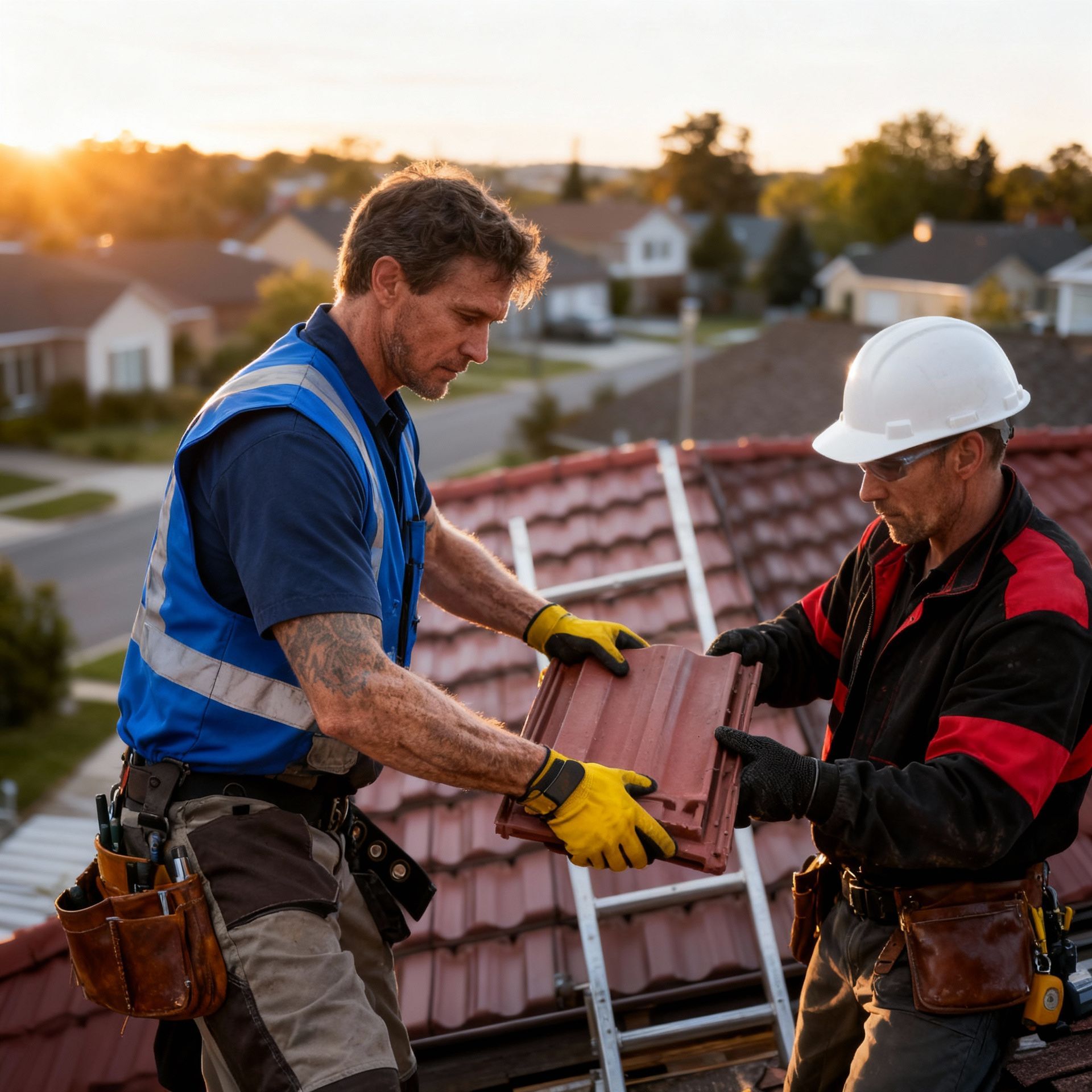 Two roofers in yellow helmets and red vests working on a tiled roof in a residential setting.