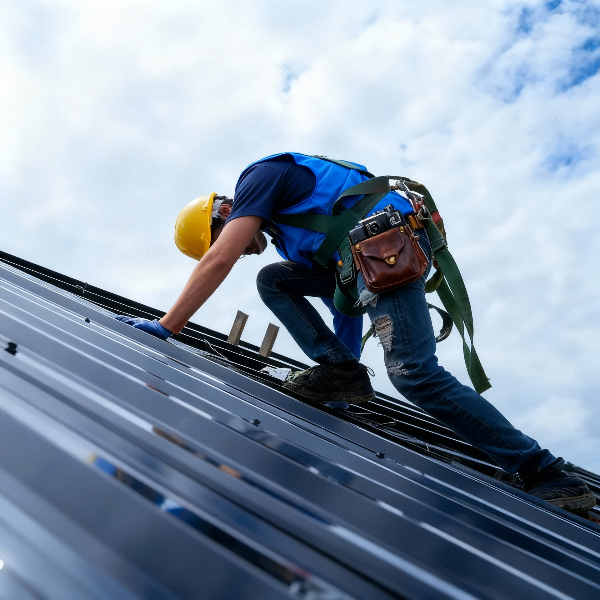 Construction worker on rooftop, cutting metal trim. Yellow hard hat, white vest, sunny day.