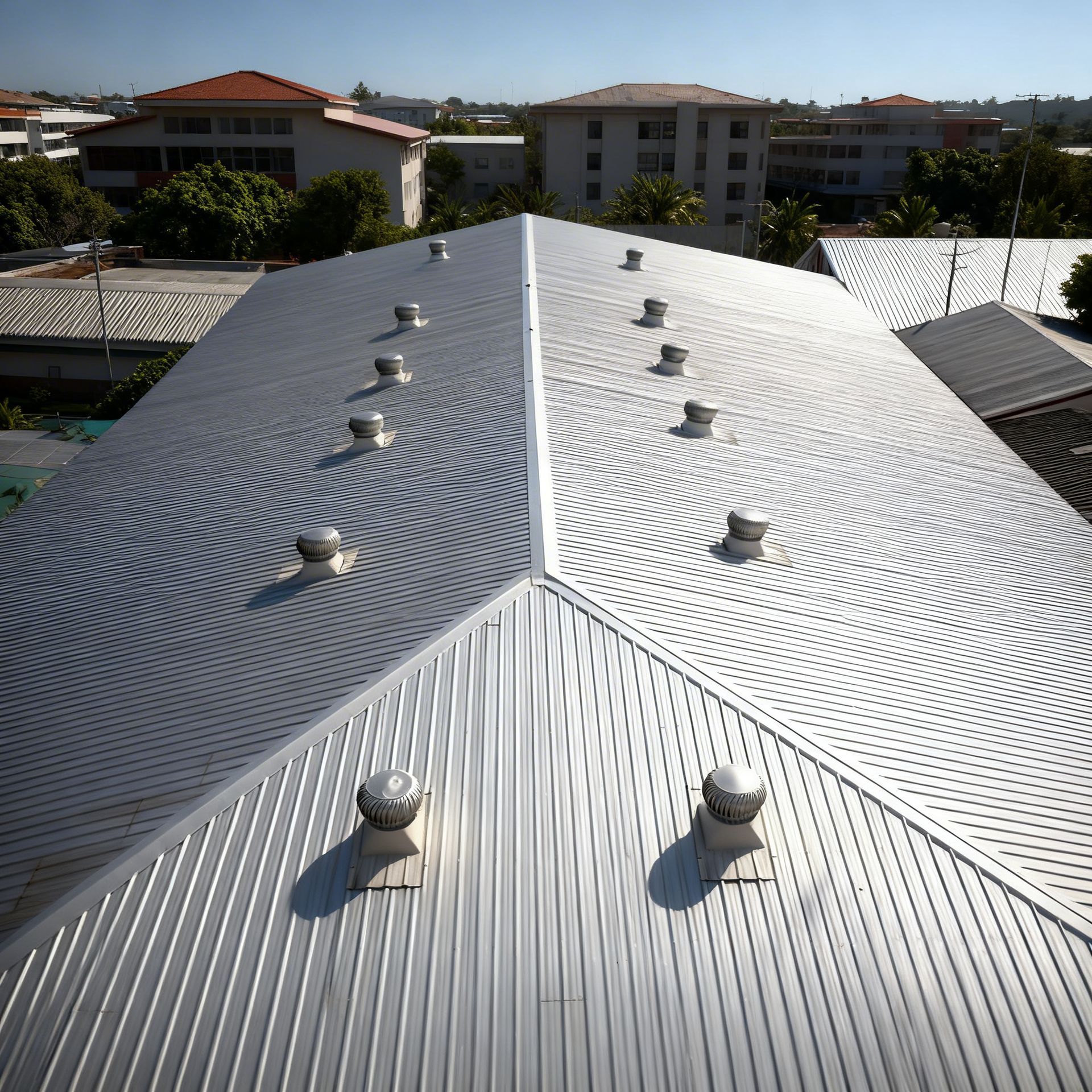 Metal roof of a building with multiple angled planes, viewed from above, on a sunny day.