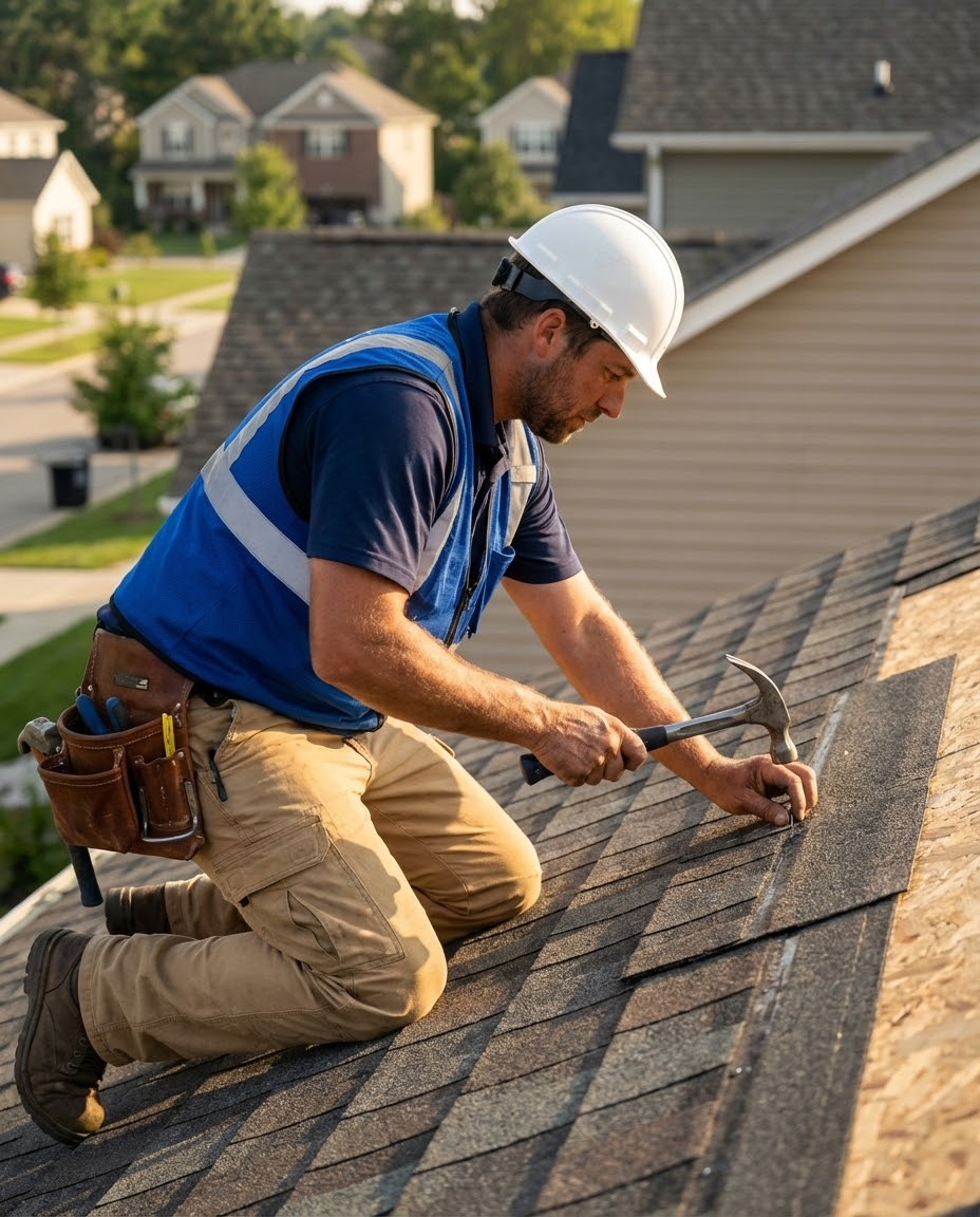 Roofer in safety vest and helmet hammers shingles on a residential roof in a suburban neighborhood.