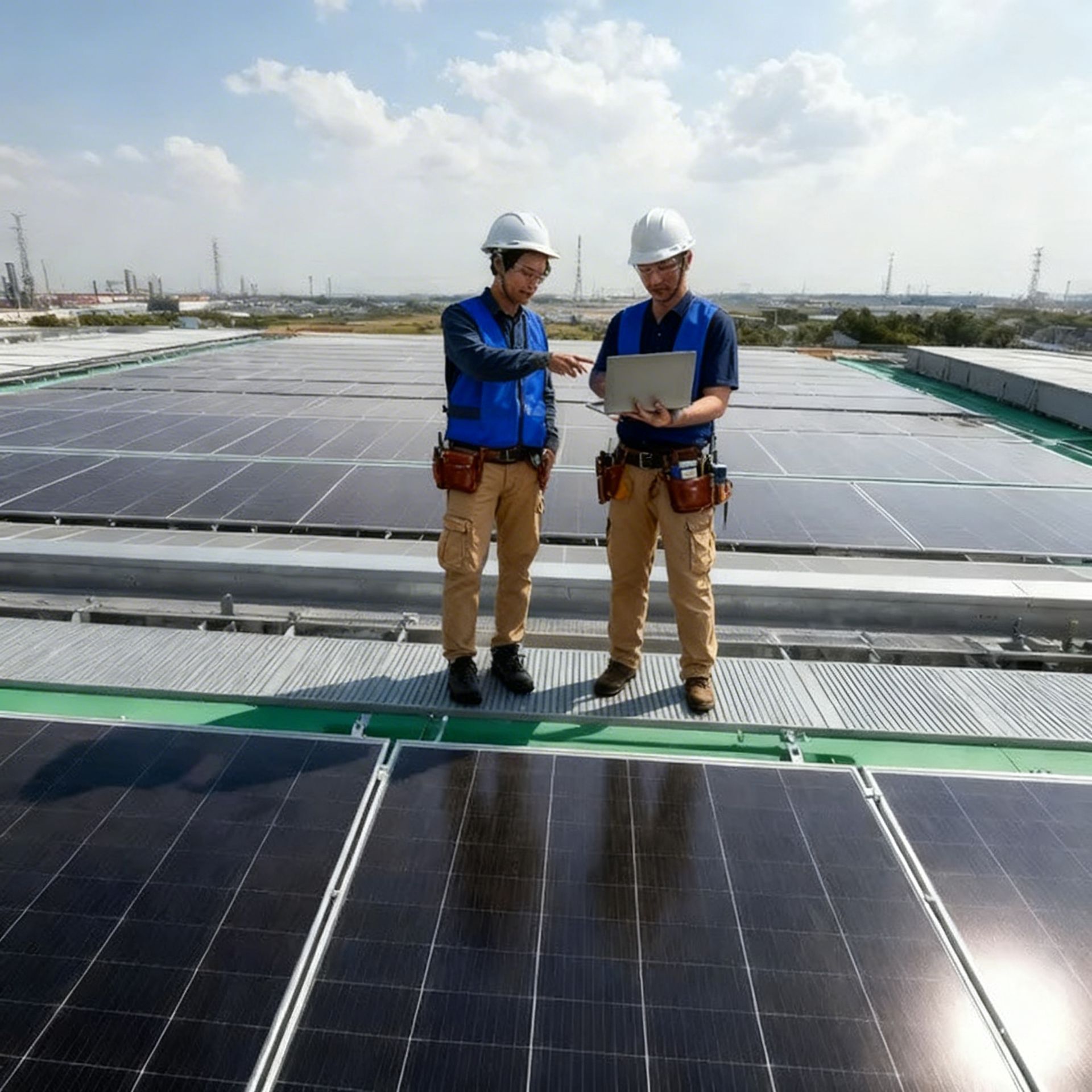 Person in hard hat and vest inspecting roof shingles, holding clipboard.