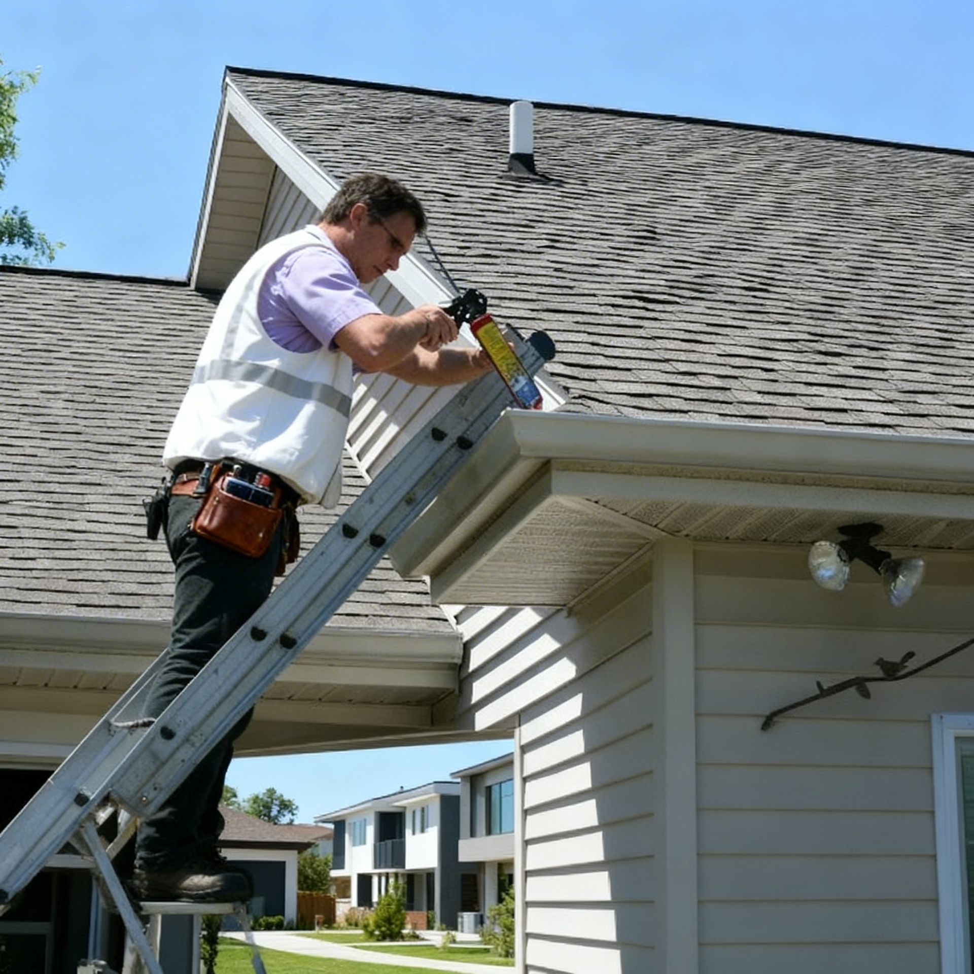 Person on a ladder, working on a roof gutter of a house, possibly for repair.