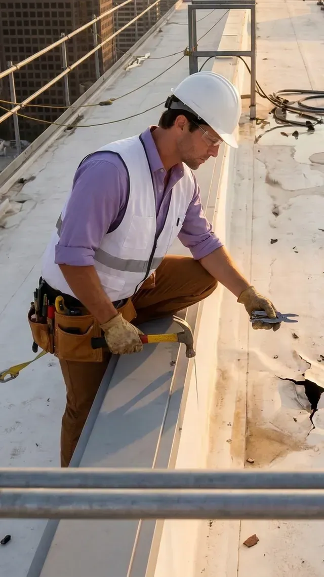 Three roofers in yellow helmets and vests installing metal roofing on a residential roof.