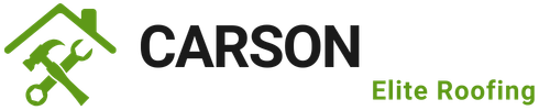 Logo of Carson Elite Roofing featuring a green roof icon with a hammer and wrench; text reads