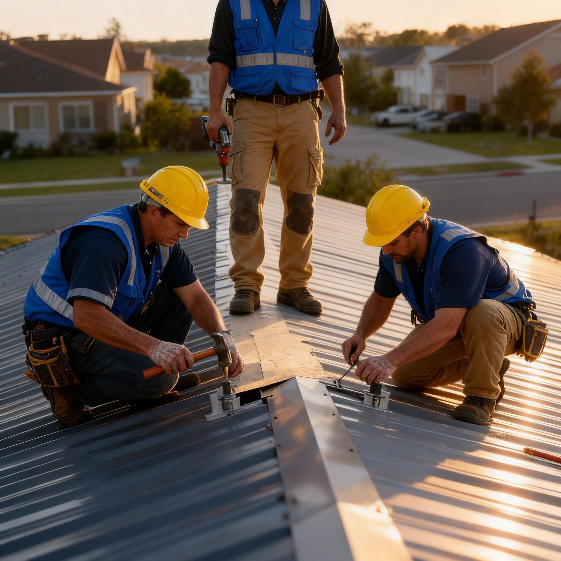 Three roofers in yellow helmets and vests installing metal roofing on a residential roof.