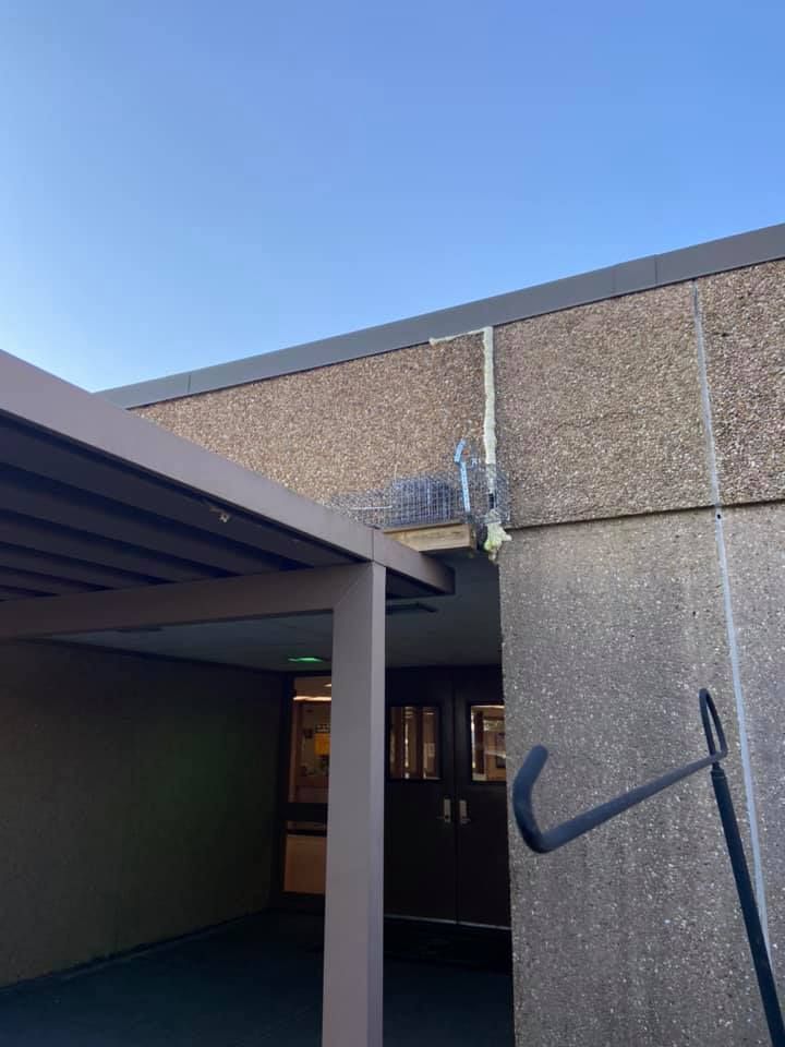 Exterior of a building with a covered walkway, a light fixture, and a handrail. Blue sky.