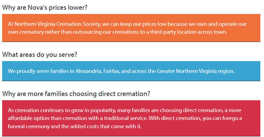 Three FAQ cards about Nova’s prison law services: orange, blue, and dark blue text panels.