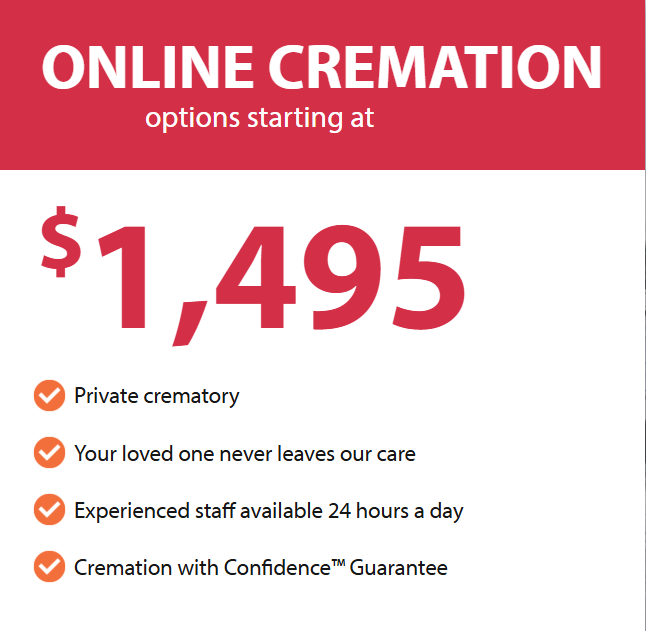Online cremation ad with $1,495 price and service features on white and red background