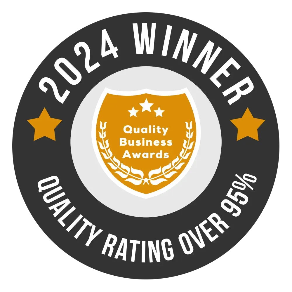 2024 winner badge with gold stars and “Quality Business Awards,” black ring reading “Quality rating over 95%”