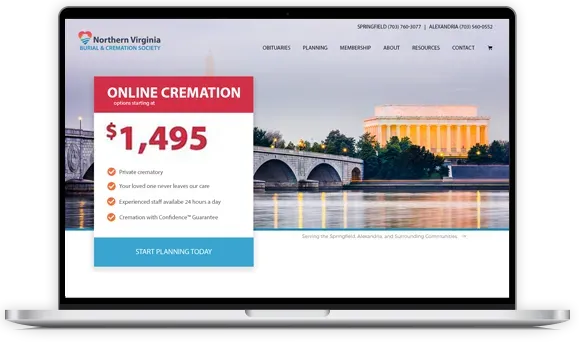 Website showing online cremation service with $1,495 price and Washington Monument photo