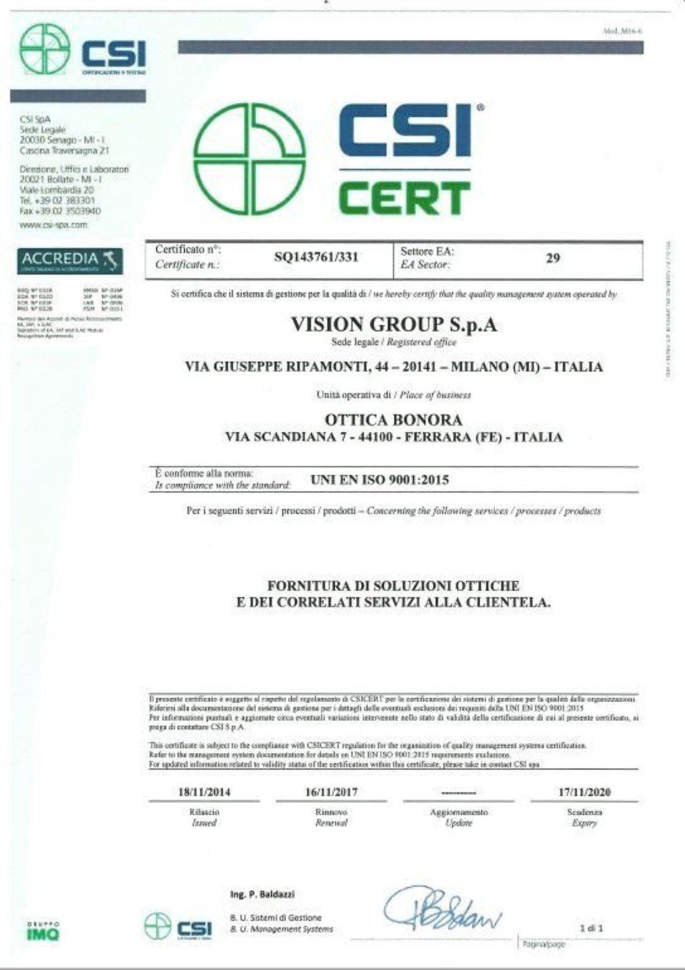 Certificato di qualità dell'ottica