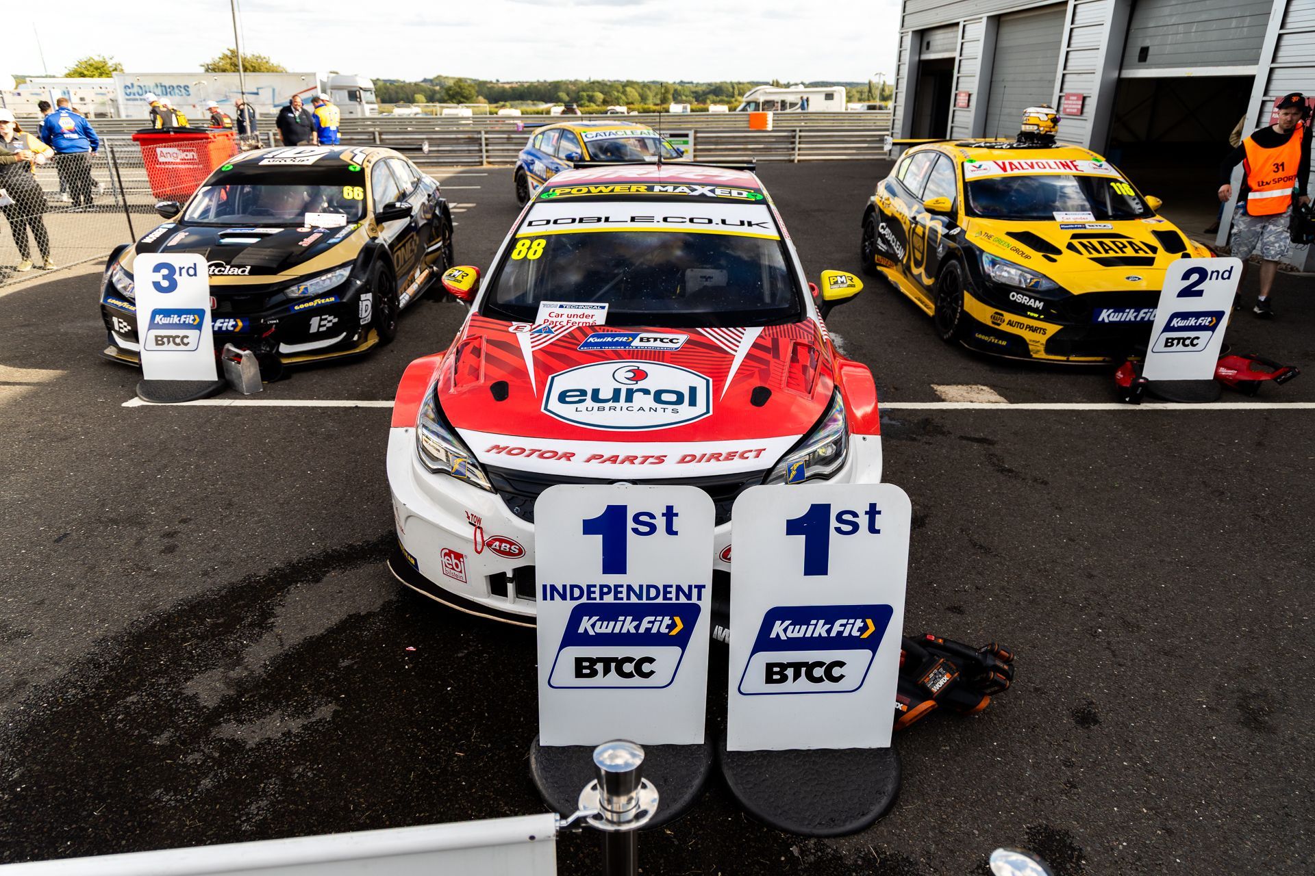 Mikey Doble's BTCC car in Parc fermé after winning race at Snetterton 2025