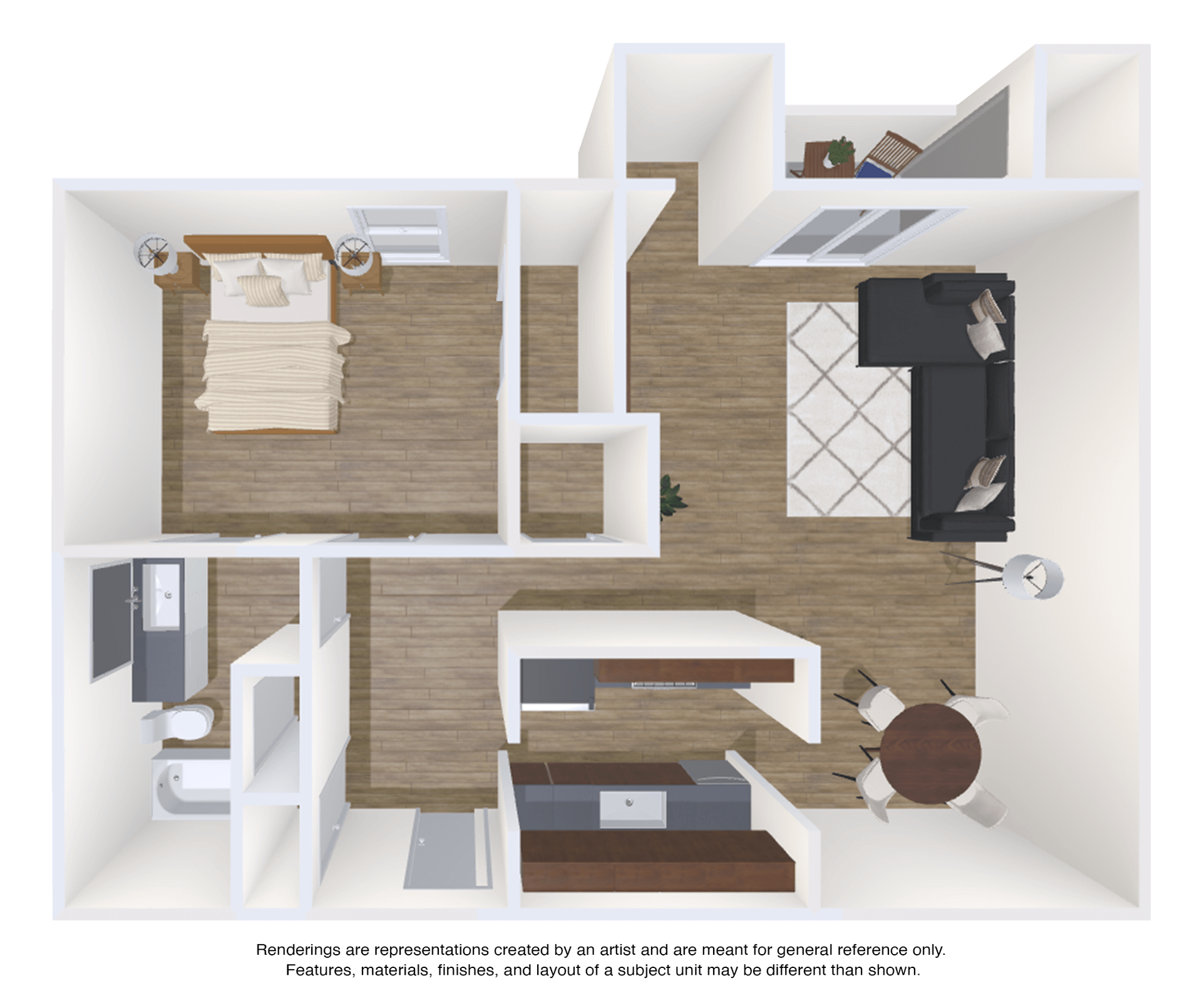 A 3d floor plan of a house with a bedroom , living room , dining room , and kitchen.