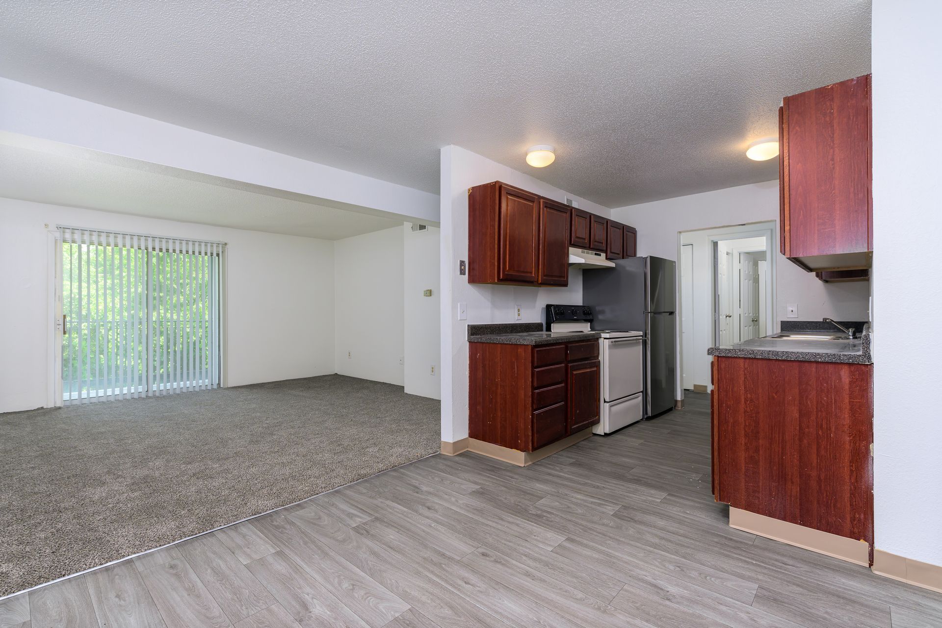 There is a kitchen and a living room in the apartment.