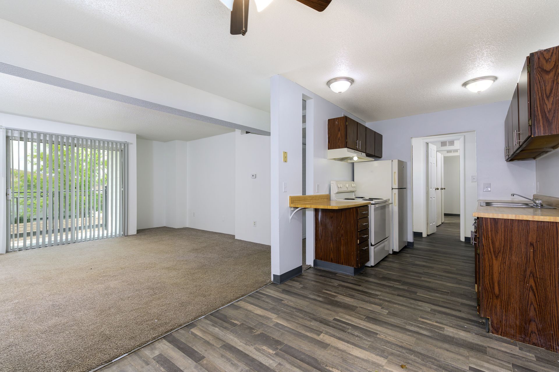 There is a kitchen and a living room in the apartment.