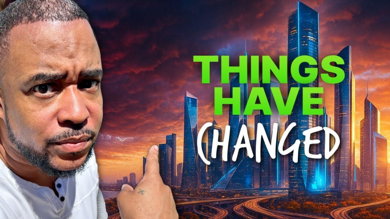 Man pointing towards futuristic city graphic; text 