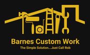 Gold tools and roof outline in logo for Barnes Custom Work. Black background, text "The Simple Solution...Just Call Rob".