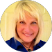 A woman with blonde hair and a blue shirt is smiling in a circle.