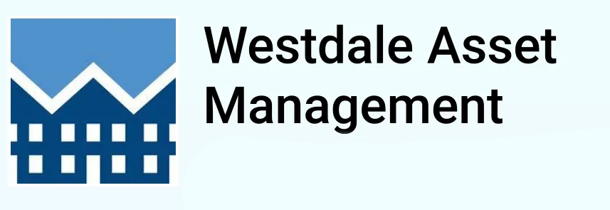 A blue and white logo for westdale asset management