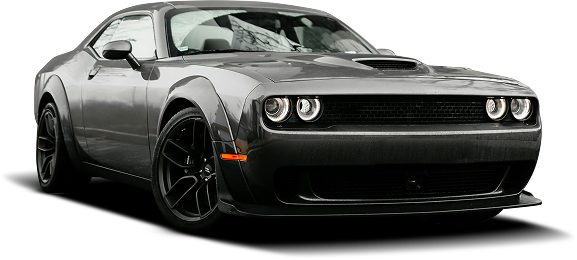Gray Dodge Challenger car with black wheels and a hood scoop. | Southgate Automotive