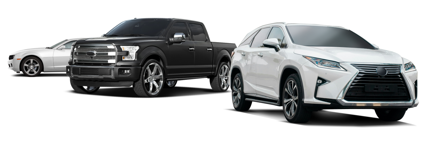 Cars lined up on a white background: a white sports car, black pickup truck, and a white SUV. | Southgate Automotive